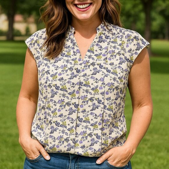 Vis Multicoloured dainty floral printed vneck Blouse Mandarin Collar Medium - Picture 1 of 11